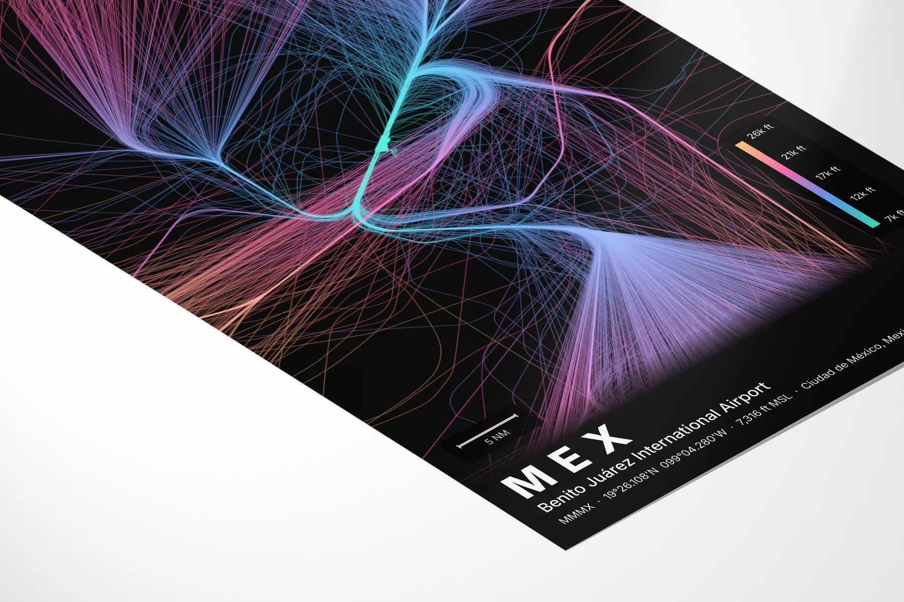 MEX flight path map — Aurora theme · Dark in corner-detail setting