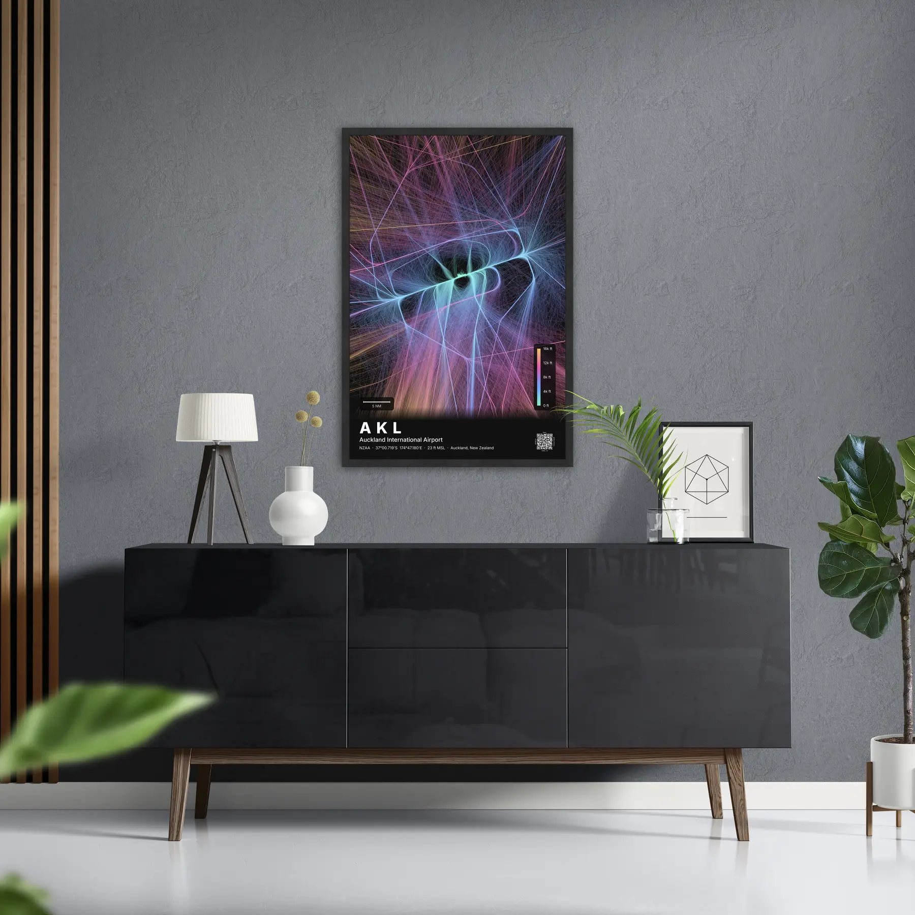 AKL flight path map — Aurora theme · Dark in foyer setting