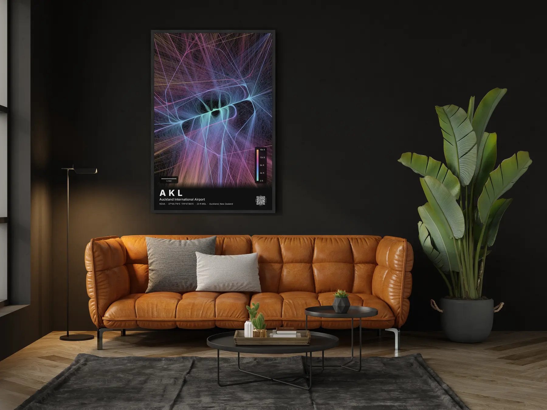 AKL flight path map — Aurora theme · Dark in living-room setting