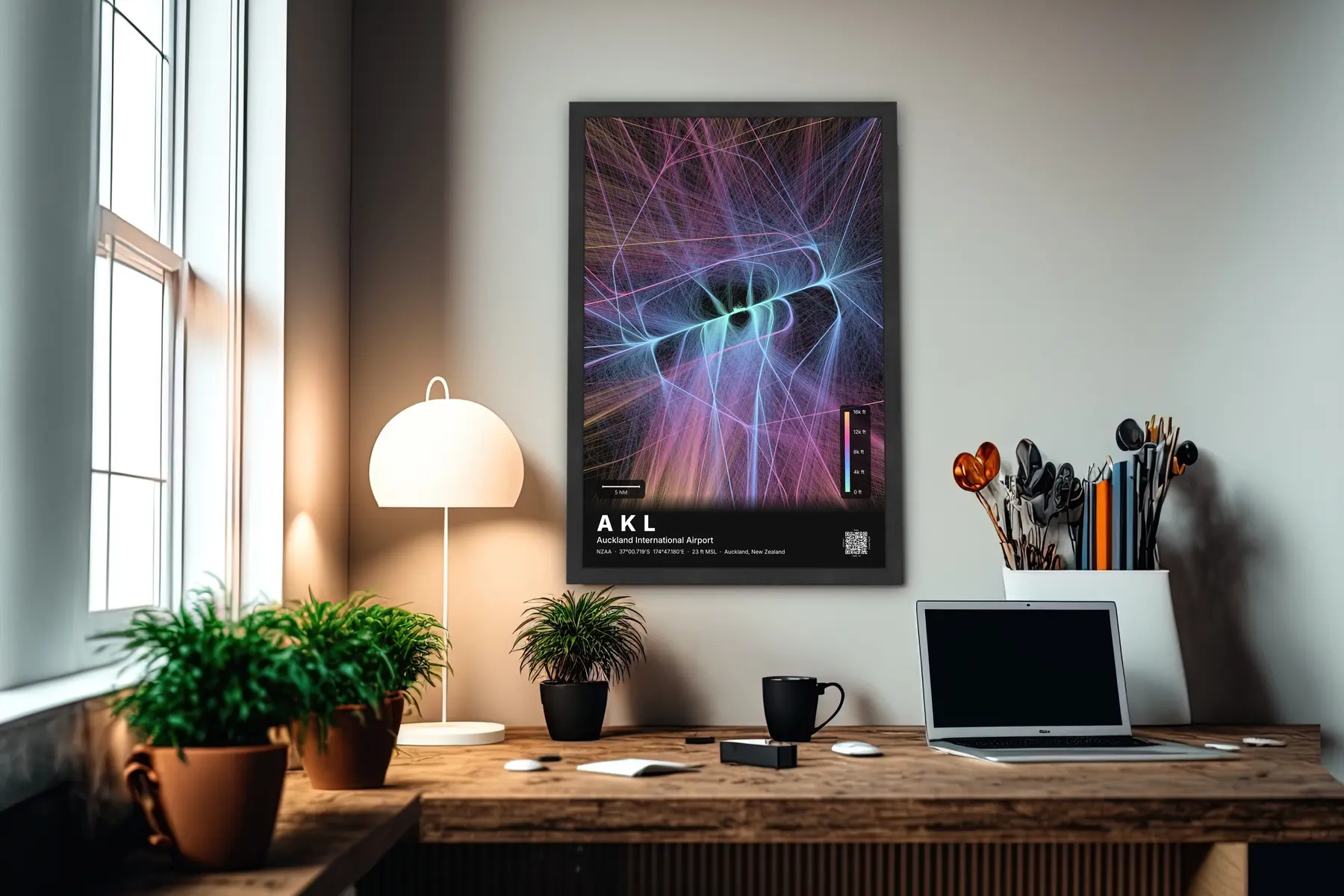 AKL flight path map — Aurora theme · Dark in office setting
