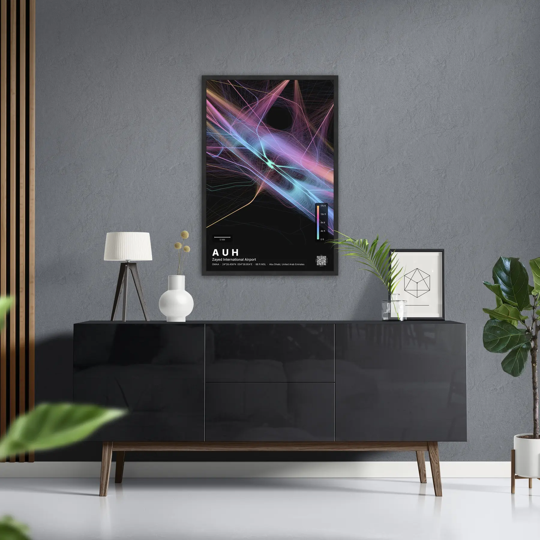 AUH flight path map — Aurora theme · Dark in foyer setting