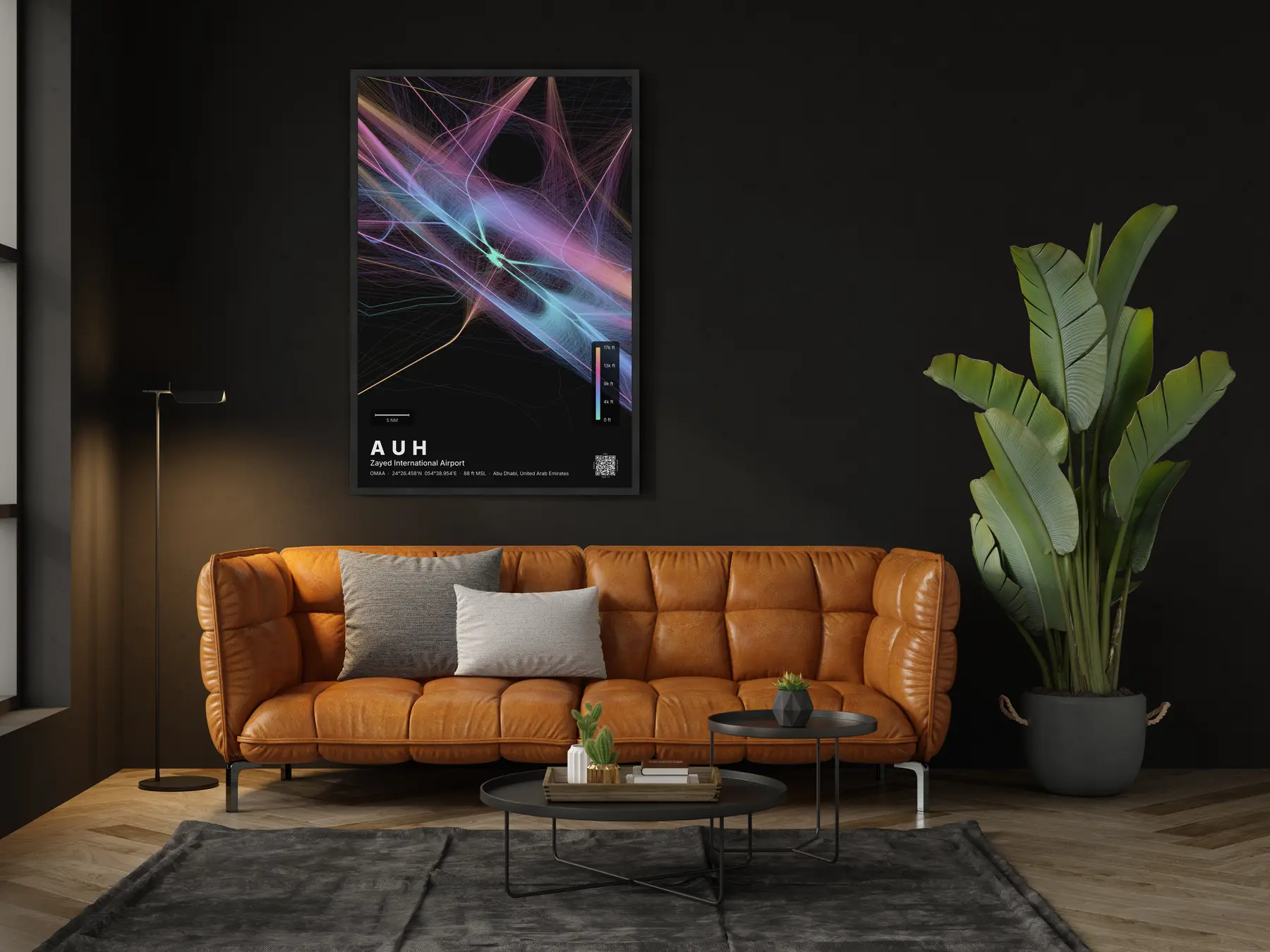AUH flight path map — Aurora theme · Dark in living-room setting