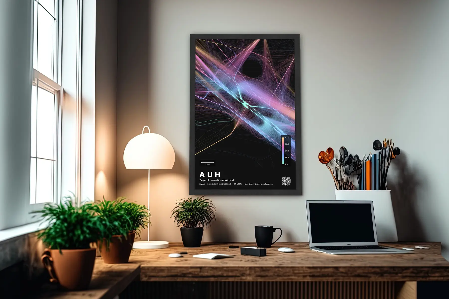 AUH flight path map — Aurora theme · Dark in office setting