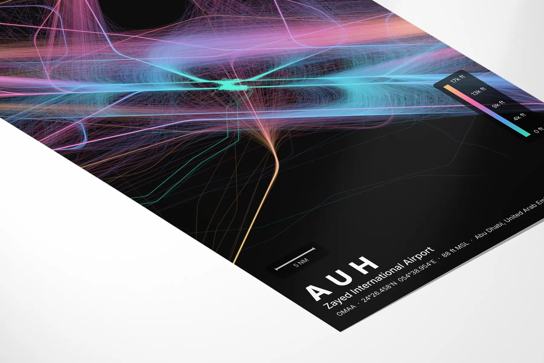 AUH flight path map — Aurora theme · Dark in corner-detail setting