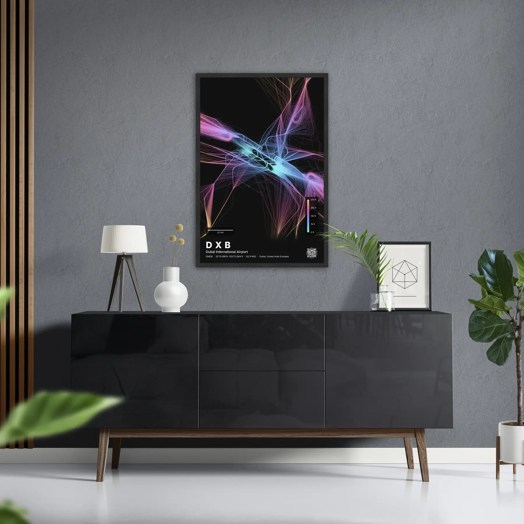 DXB flight path print — Aurora theme · Dark in foyer setting