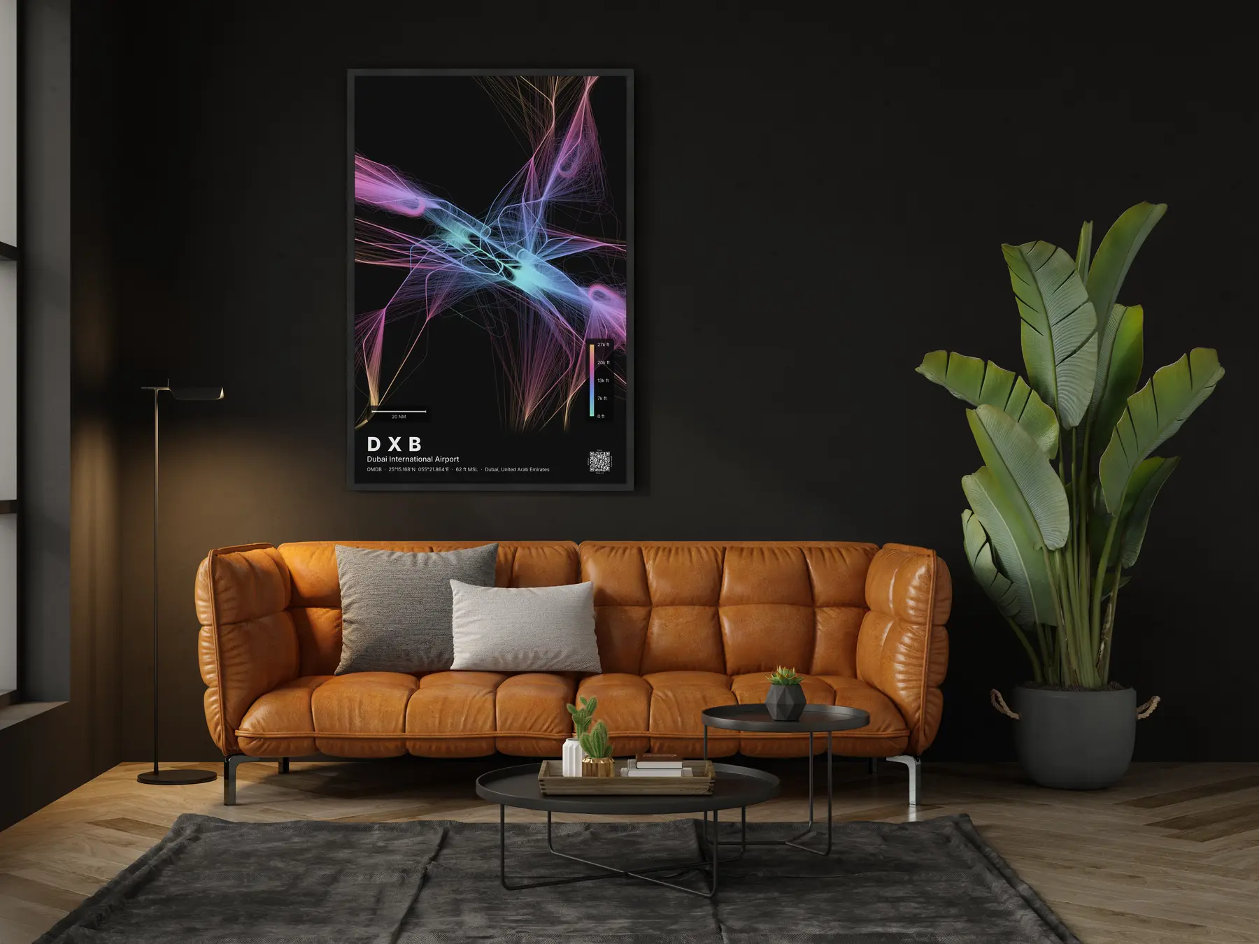 DXB flight path print — Aurora theme · Dark in living-room setting