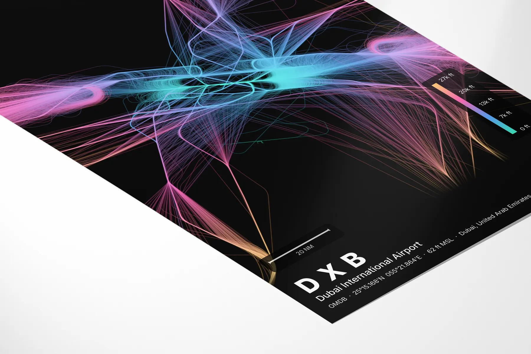 DXB flight path print — Aurora theme · Dark in corner-detail setting