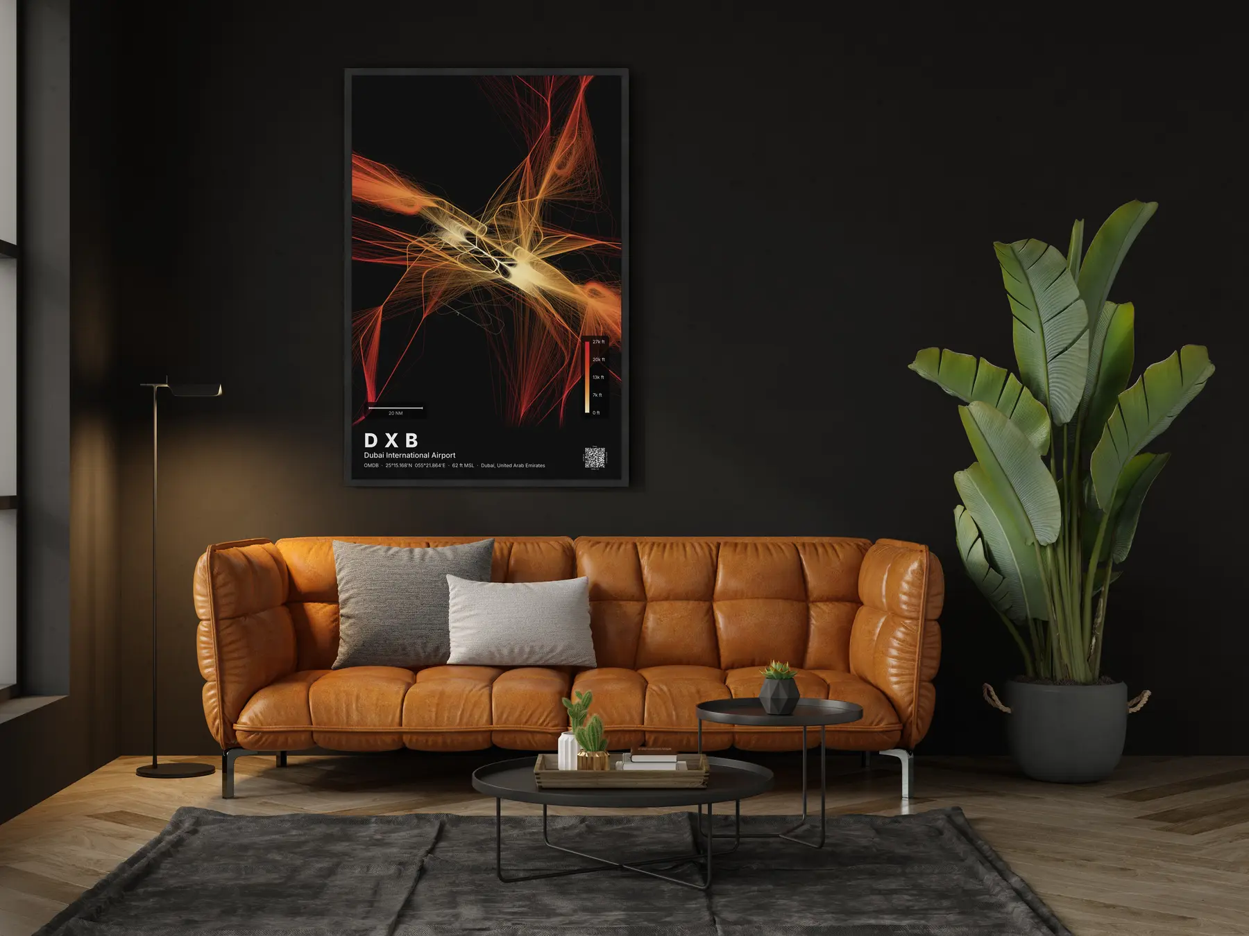 The DXB flight path map on a wall in a living room