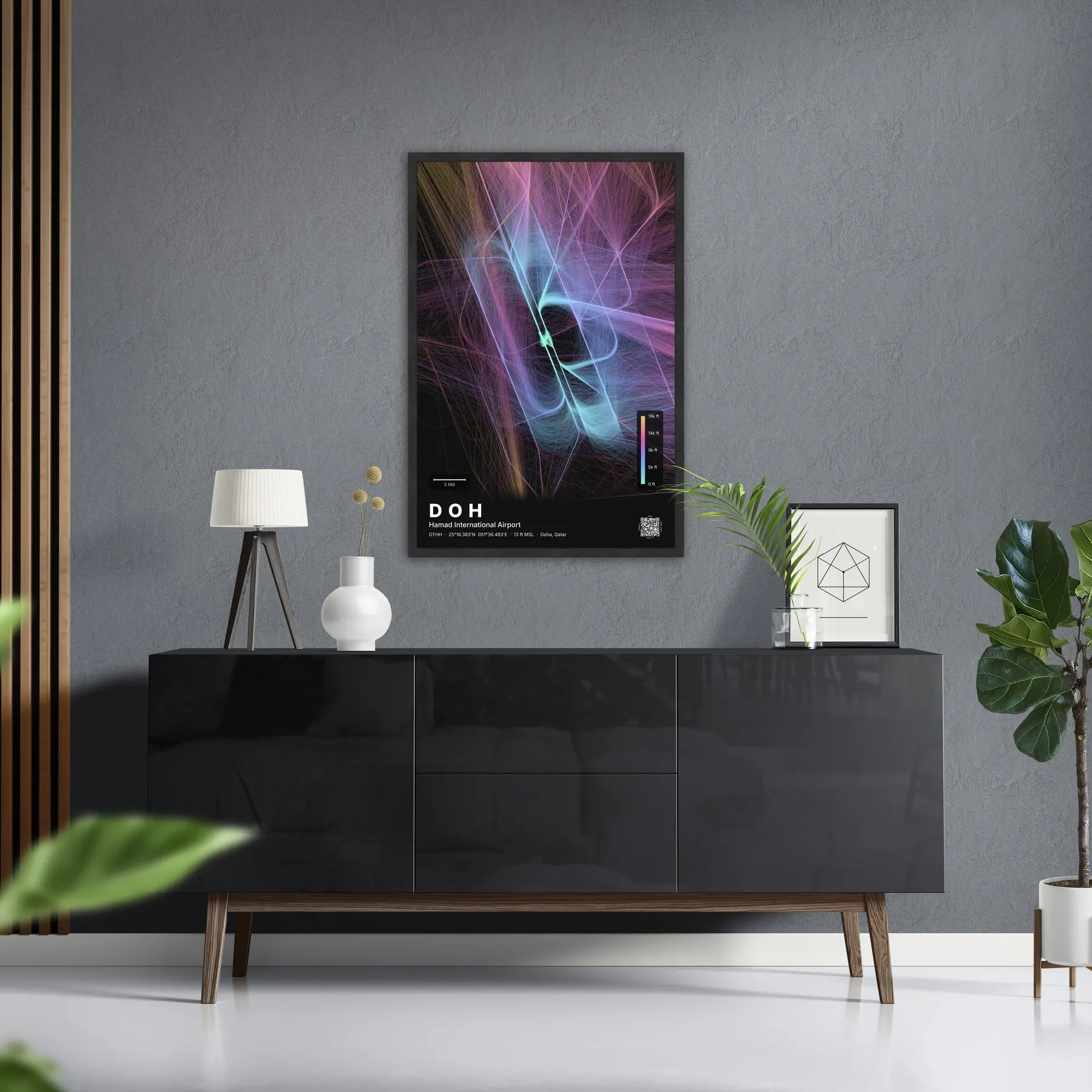 DOH flight path map — Aurora theme · Dark in foyer setting