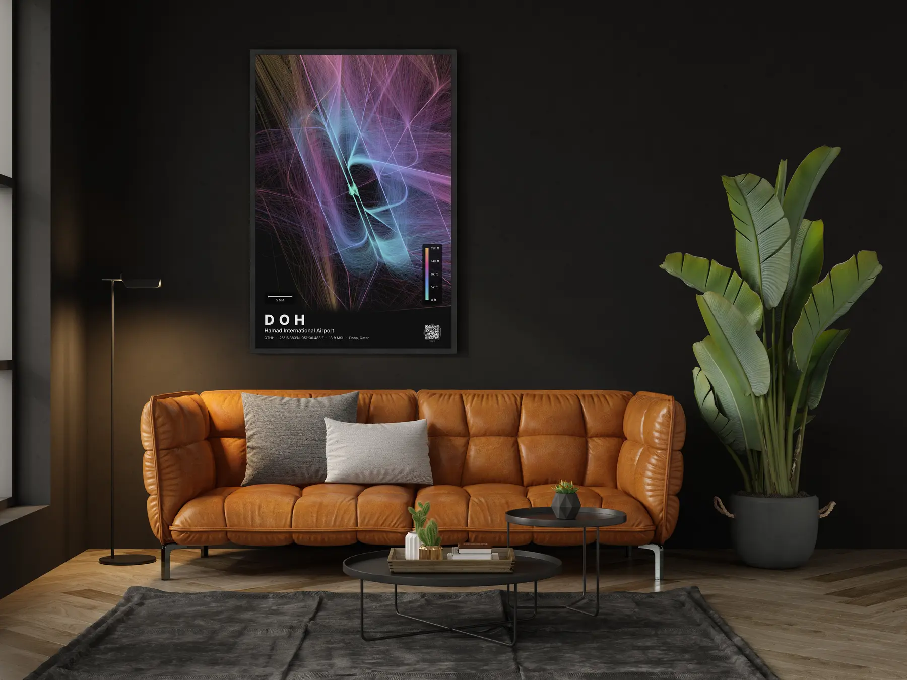 DOH flight path map — Aurora theme · Dark in living-room setting