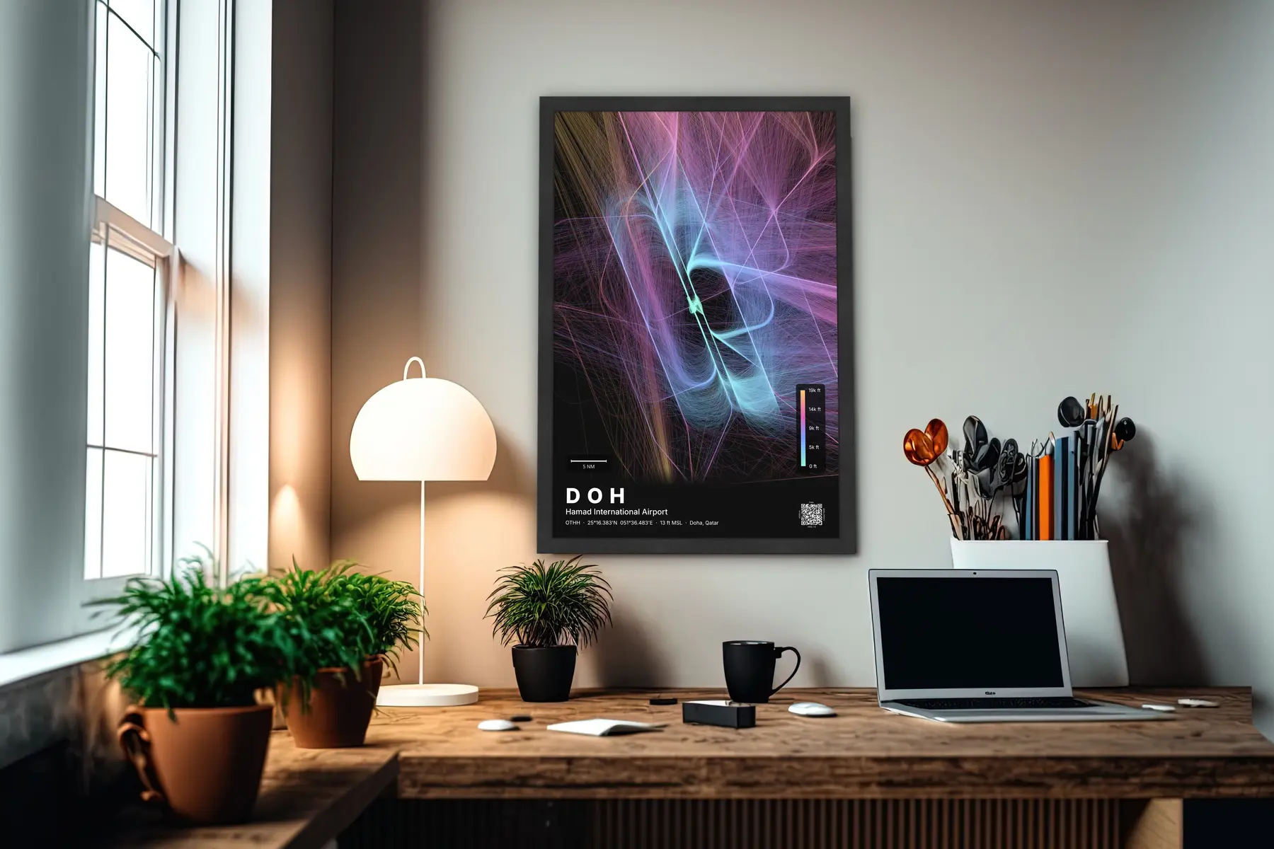 DOH flight path map — Aurora theme · Dark in office setting