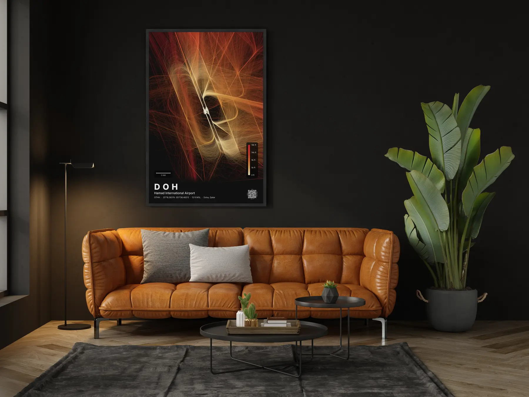 The DOH flight path map on a wall in a living room