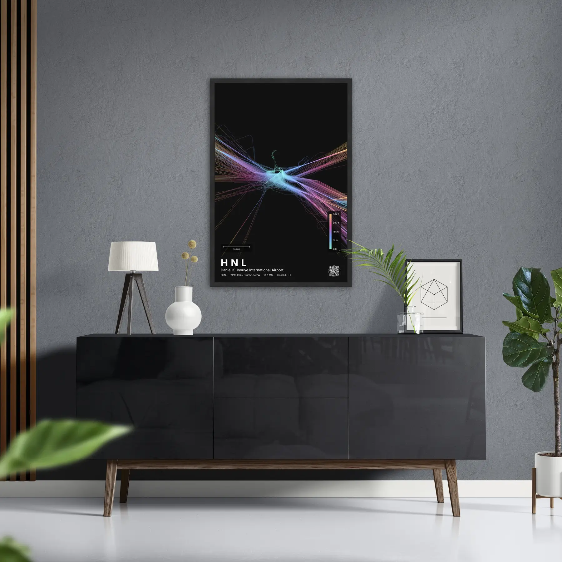 HNL flight path print — Aurora theme · Dark in foyer setting