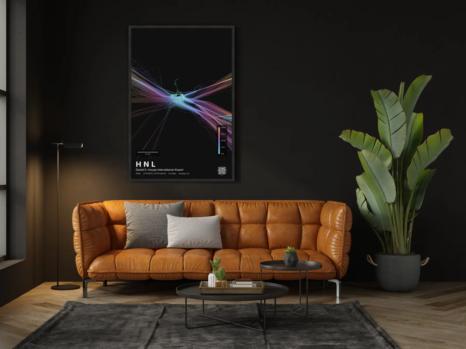 HNL flight path print — Aurora theme · Dark in living-room setting
