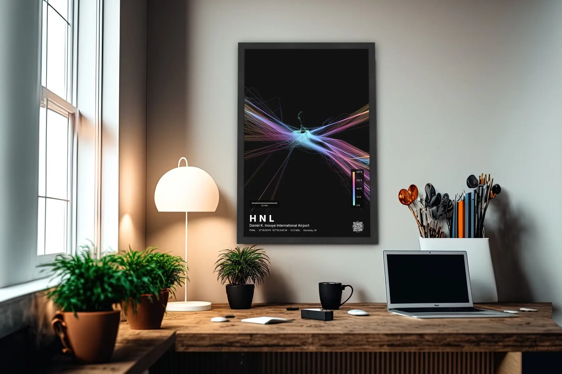 HNL flight path print — Aurora theme · Dark in office setting