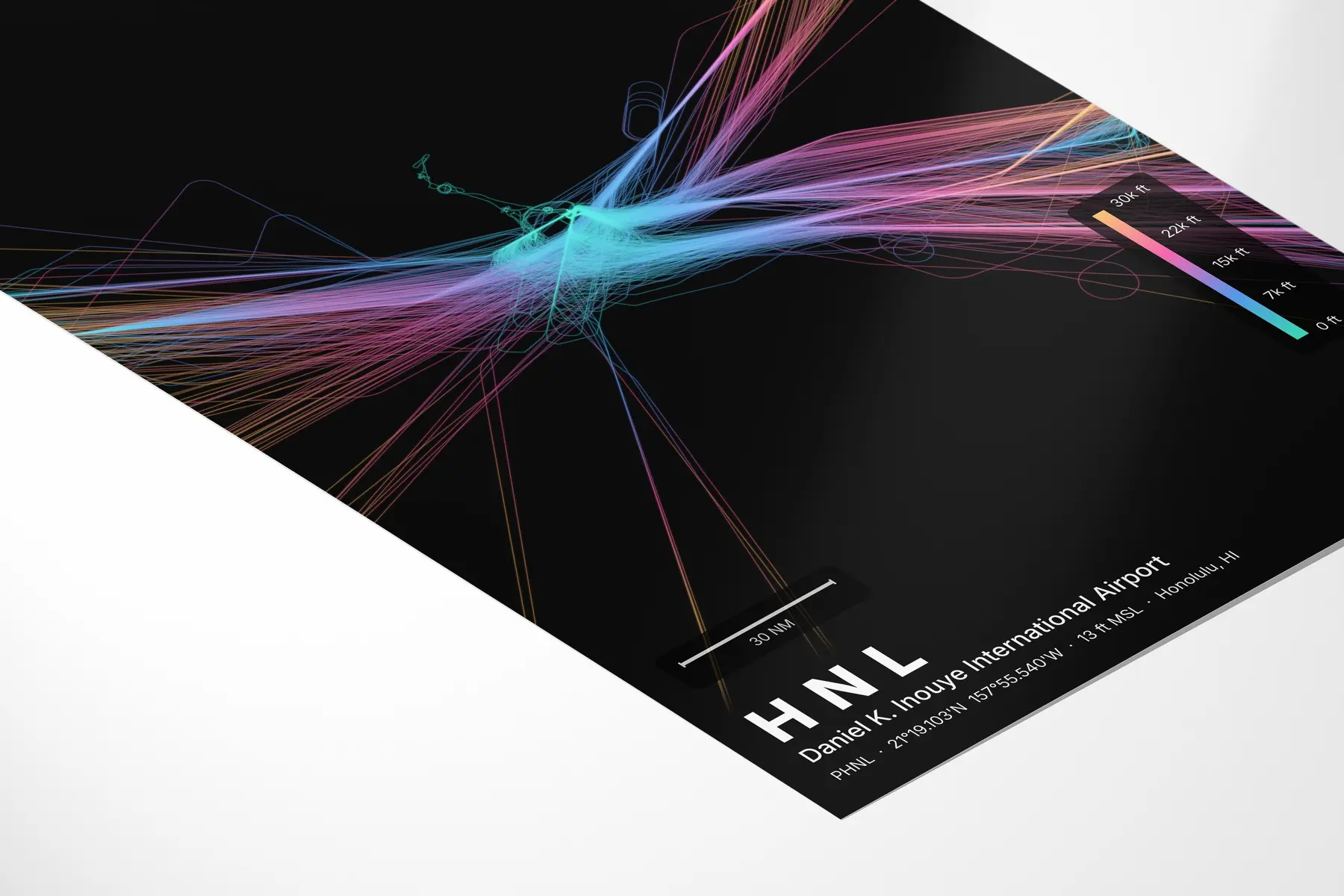 HNL flight path print — Aurora theme · Dark in corner-detail setting