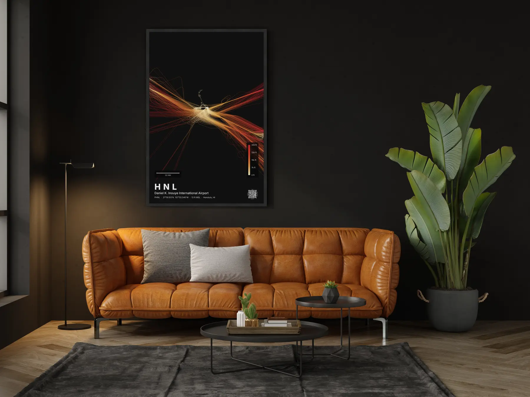 The HNL flight path map on a wall in a living room