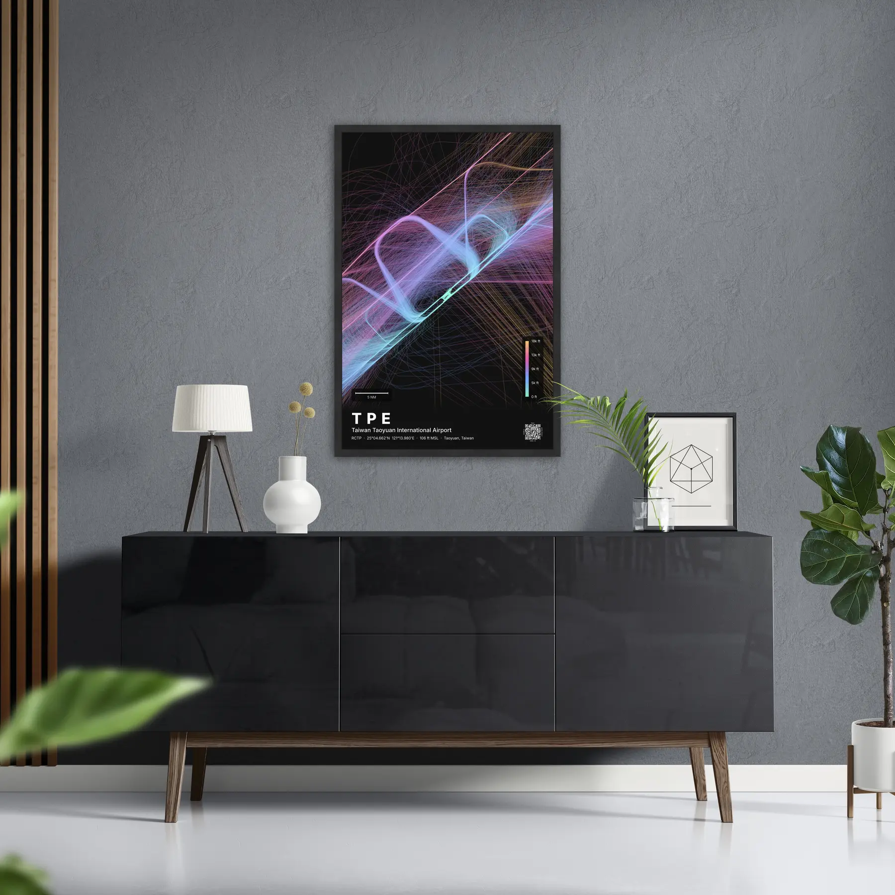 TPE flight path map — Aurora theme · Dark in foyer setting