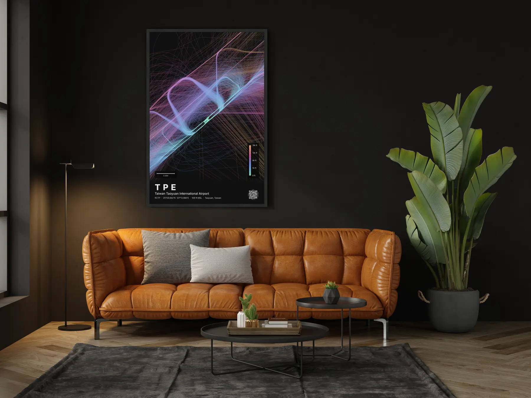 TPE flight path map — Aurora theme · Dark in living-room setting