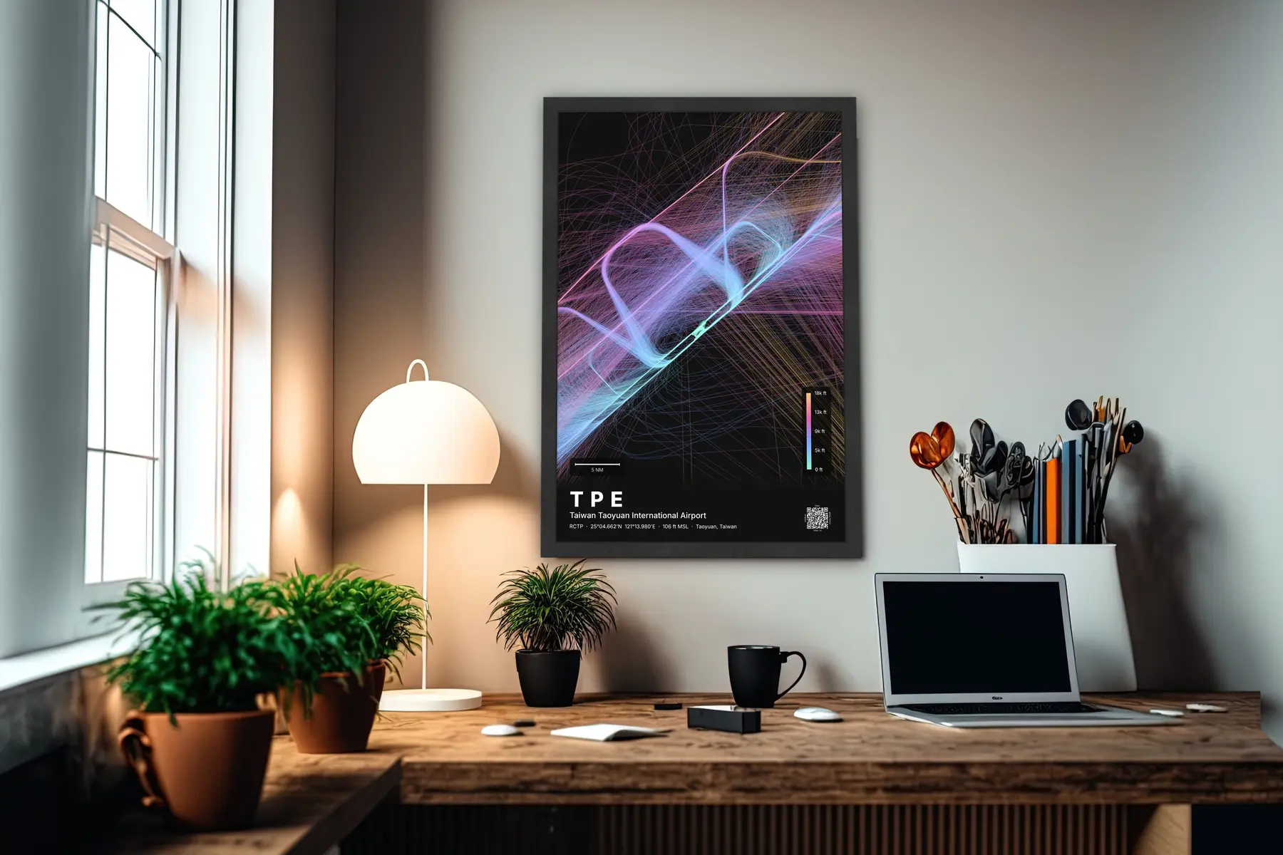 TPE flight path map — Aurora theme · Dark in office setting