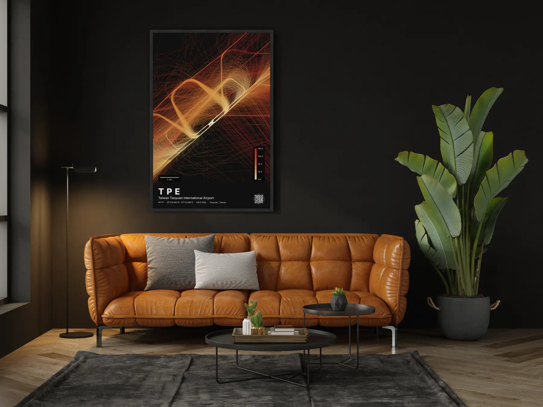 The TPE flight path map on a wall in a living room