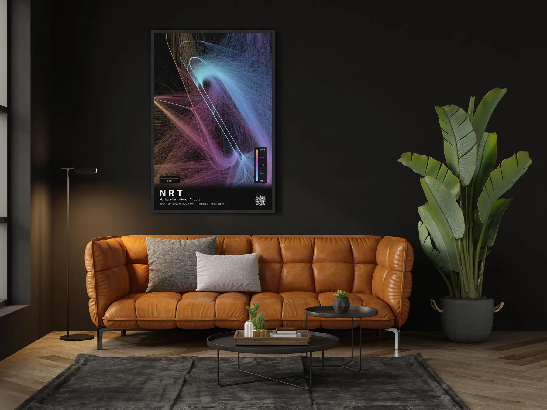 NRT flight path map — Aurora theme · Dark in living-room setting