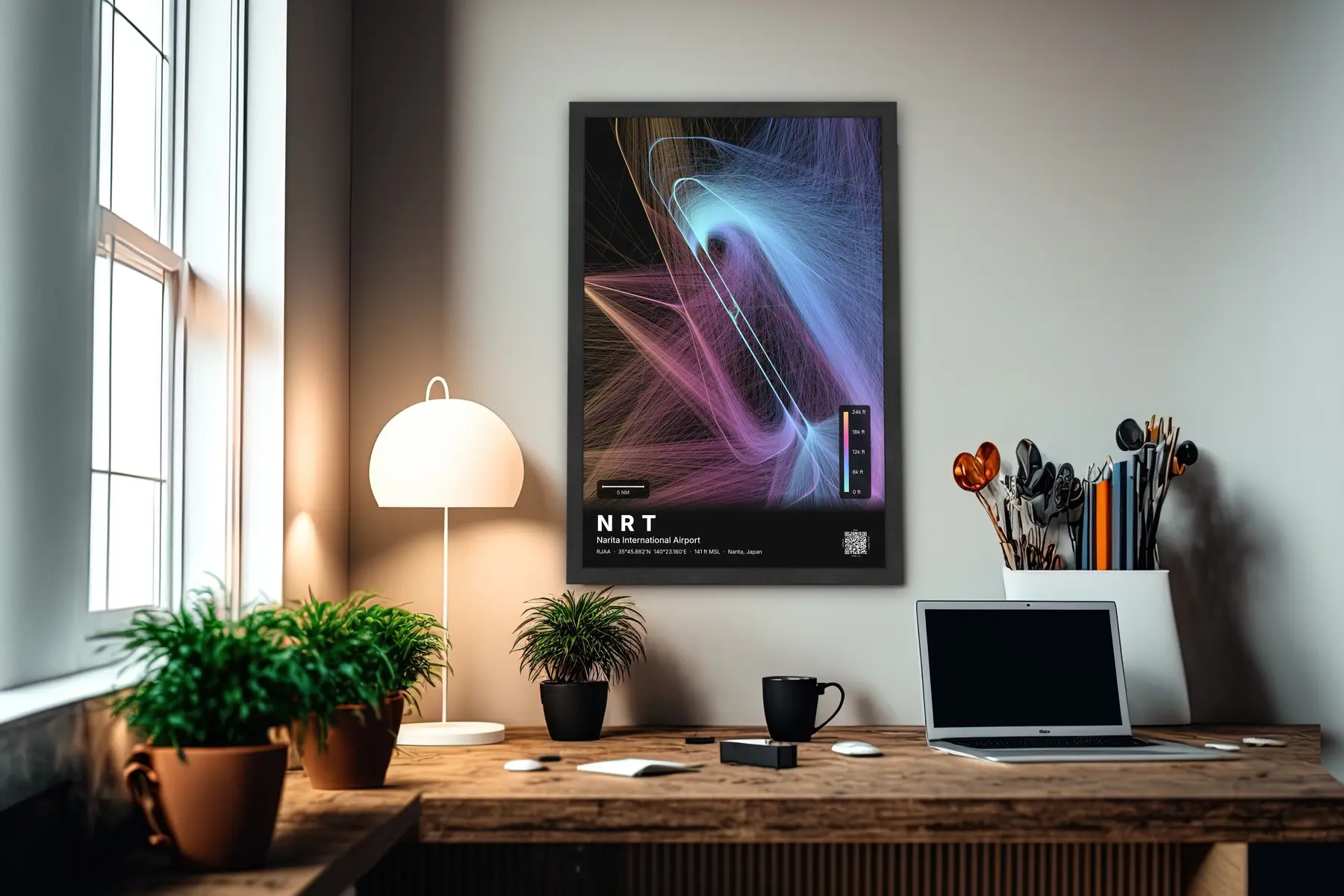 NRT flight path map — Aurora theme · Dark in office setting