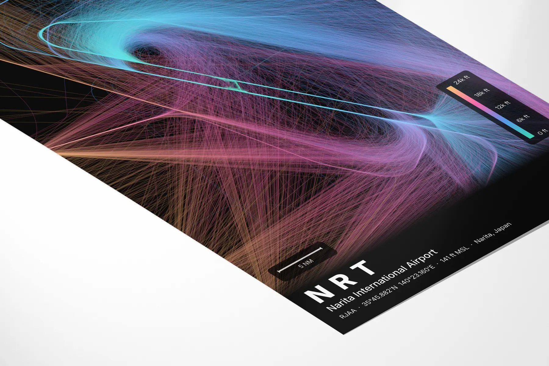 NRT flight path map — Aurora theme · Dark in corner-detail setting