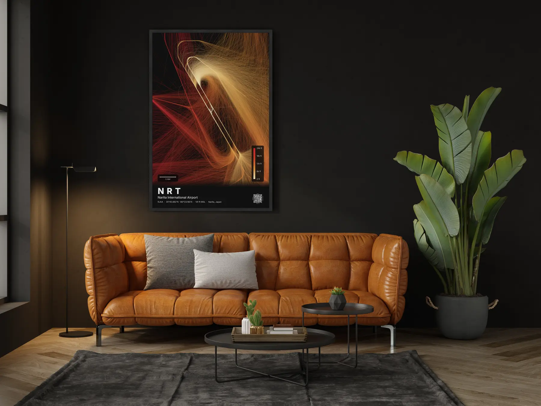 The NRT flight path map on a wall in a living room