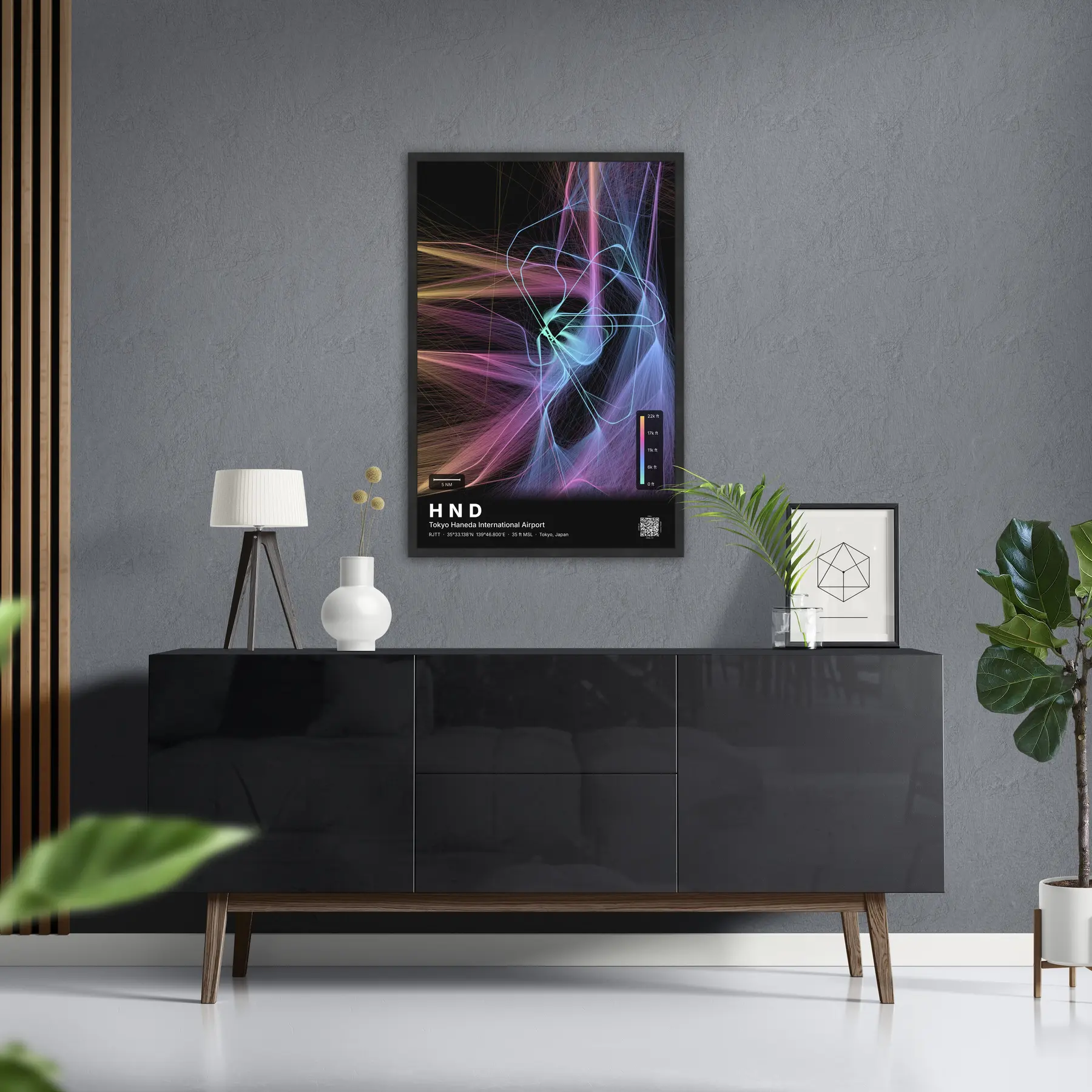 HND flight path map — Aurora theme · Dark in foyer setting