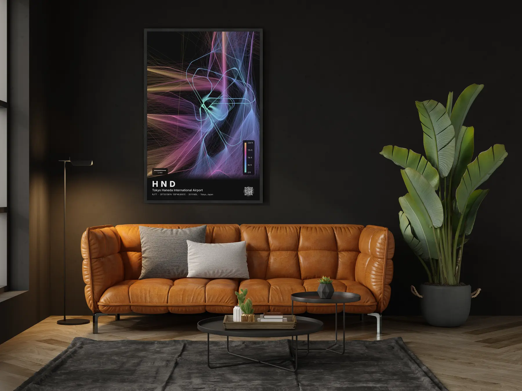 HND flight path map — Aurora theme · Dark in living-room setting