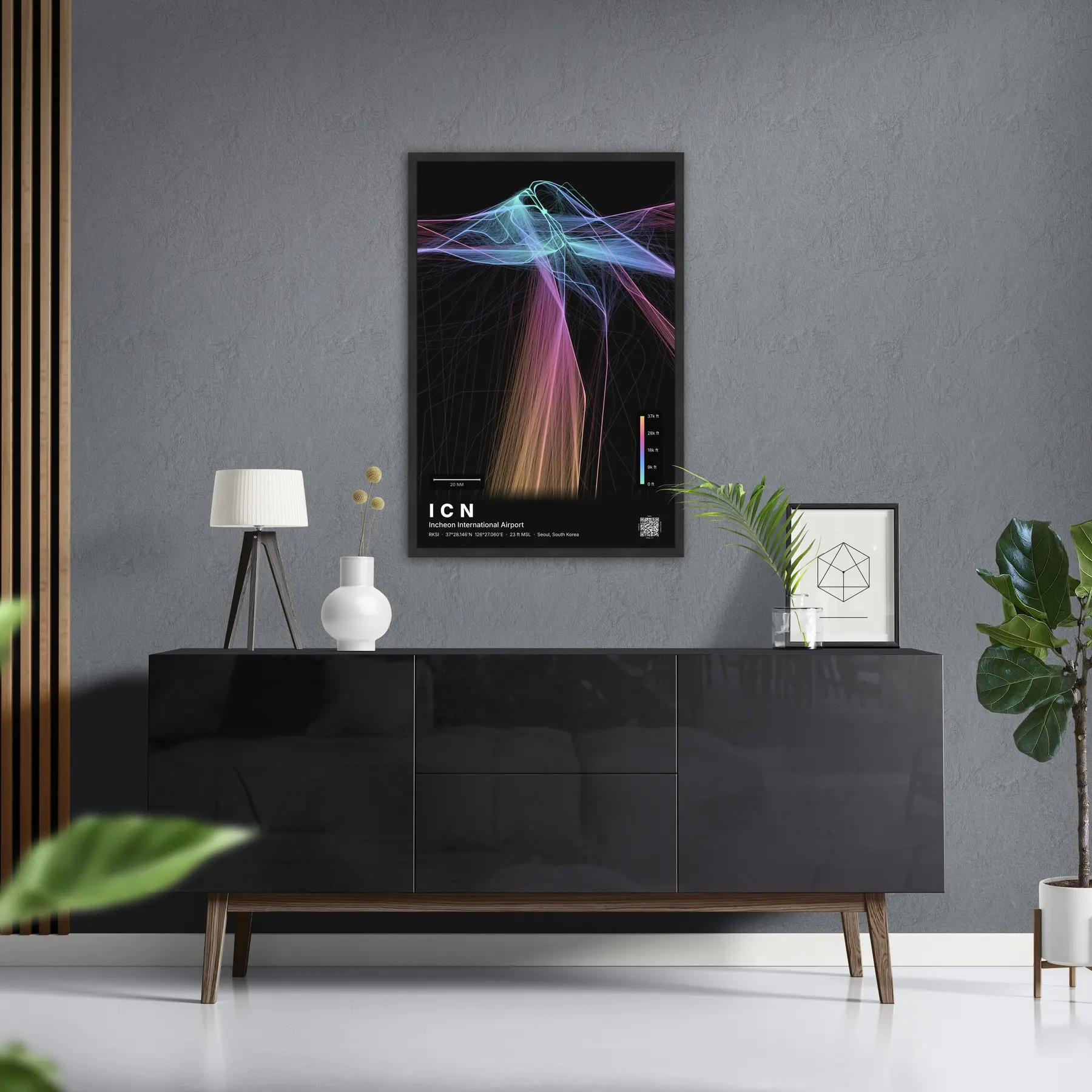 ICN flight path map — Aurora theme · Dark in foyer setting