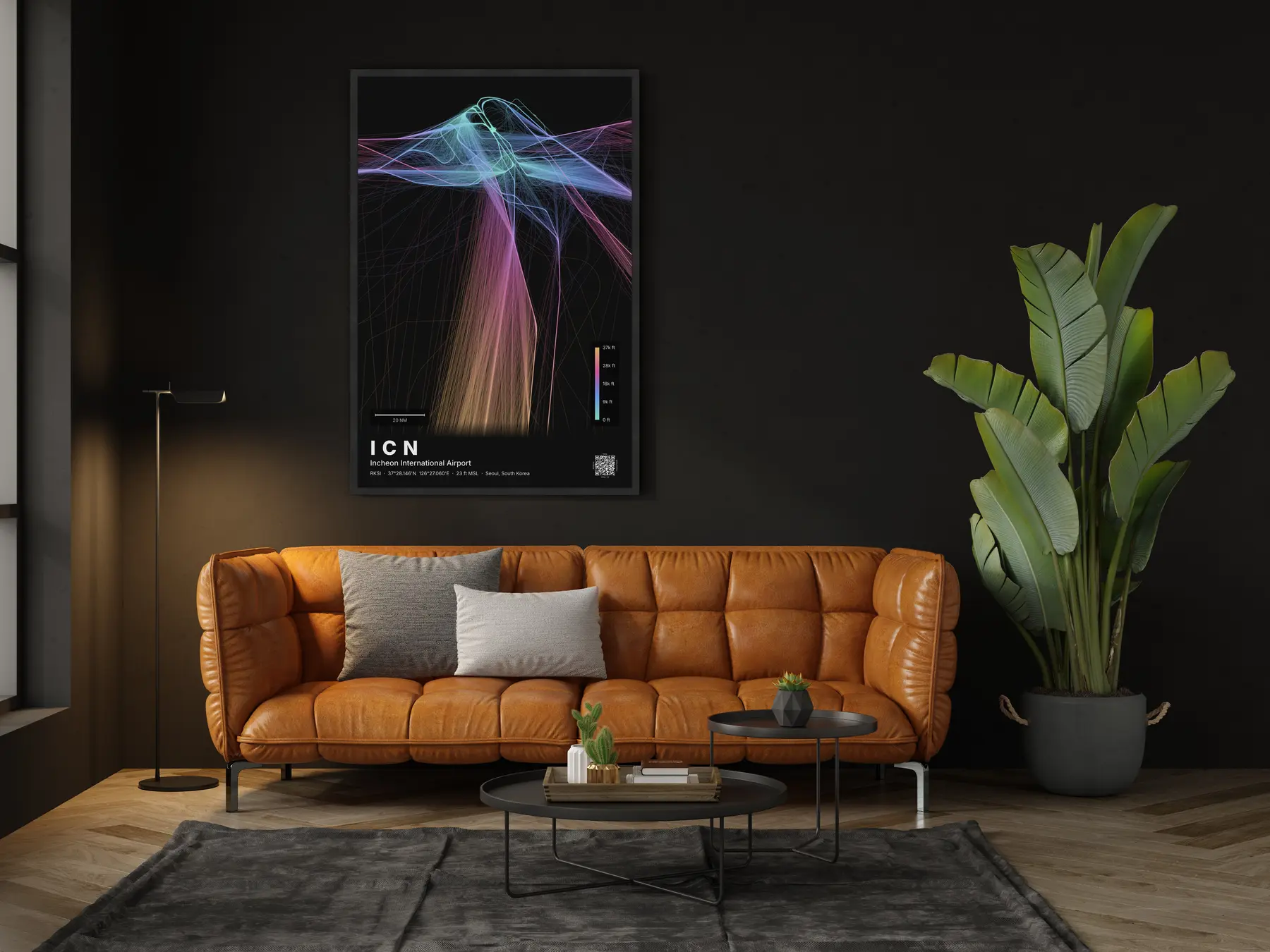 ICN flight path map — Aurora theme · Dark in living-room setting