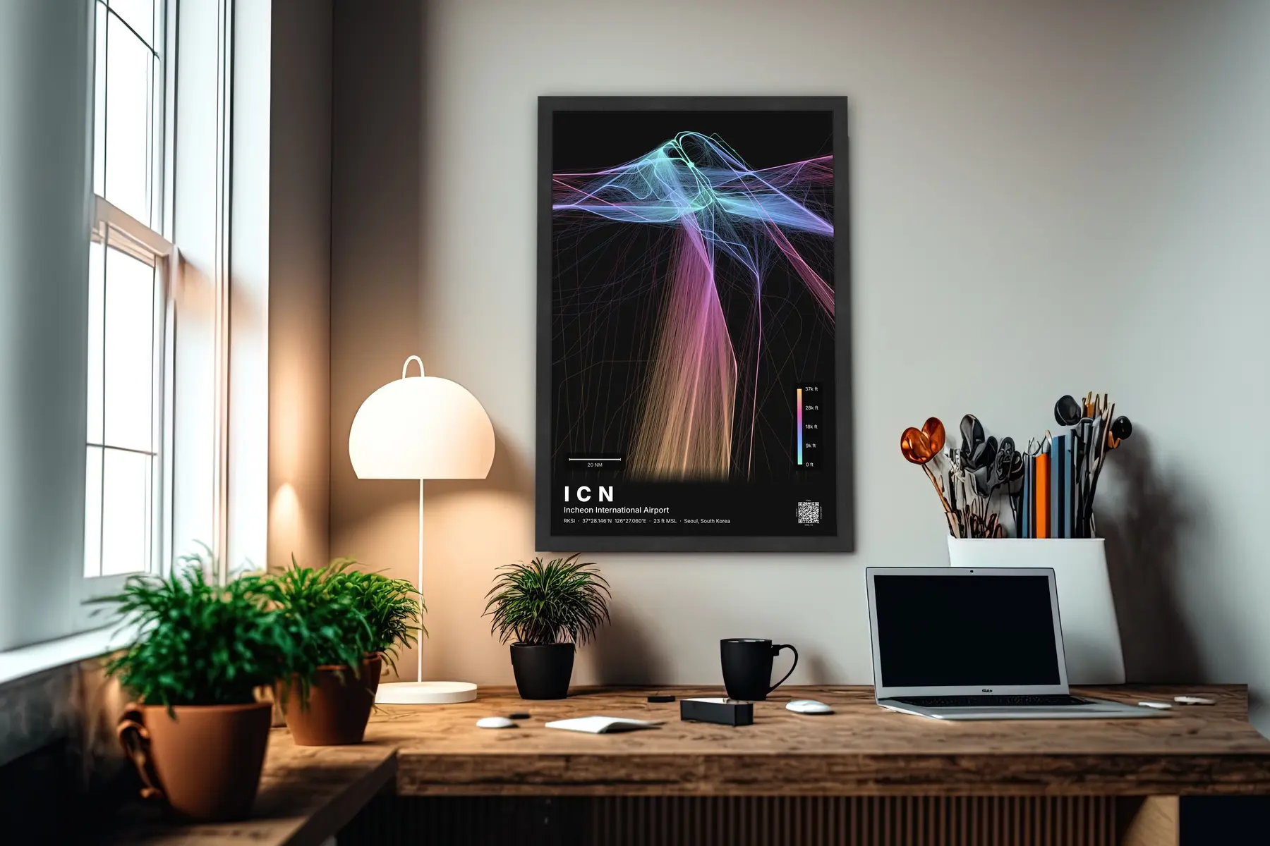 ICN flight path map — Aurora theme · Dark in office setting