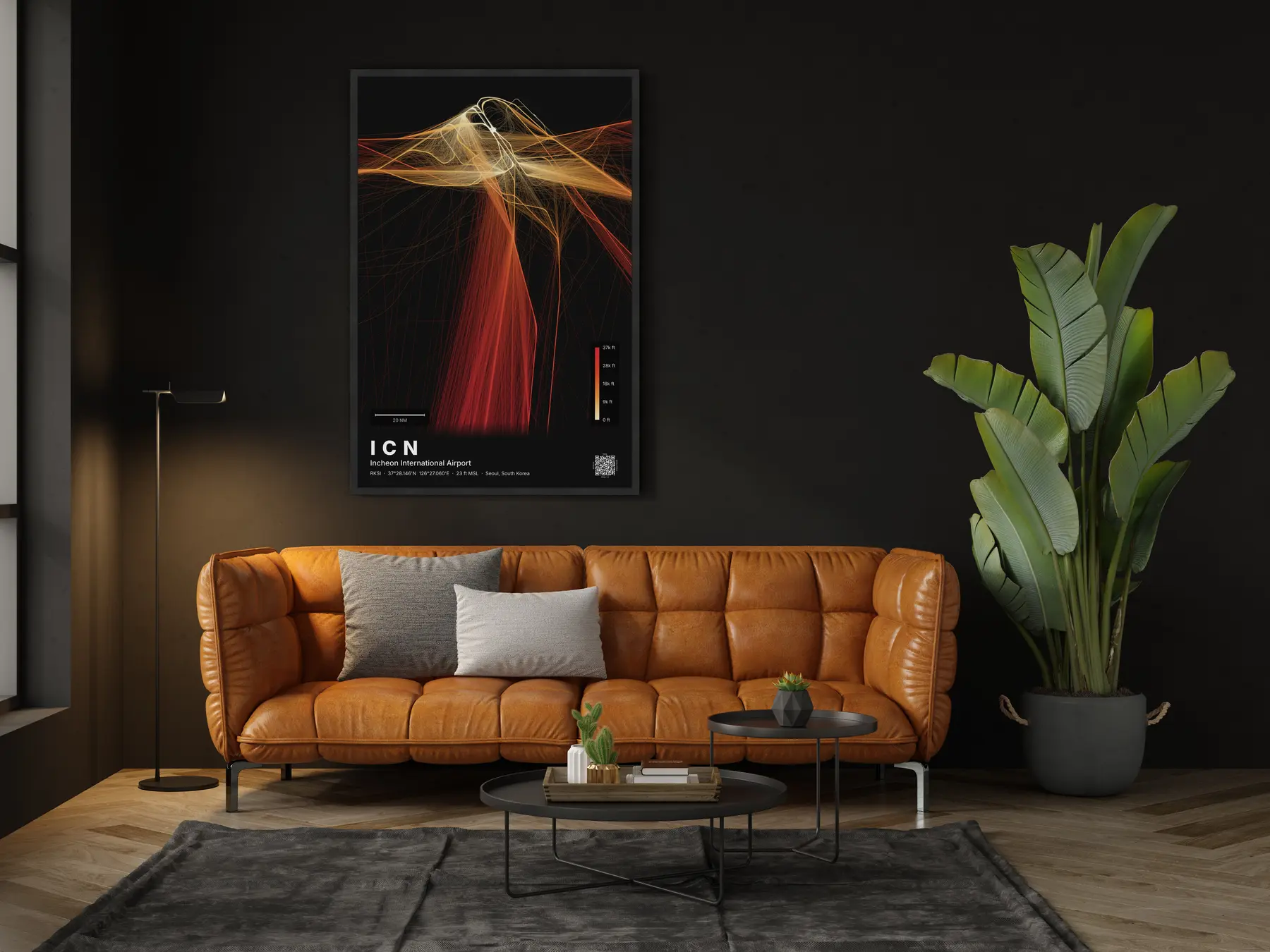 The ICN flight path map on a wall in a living room