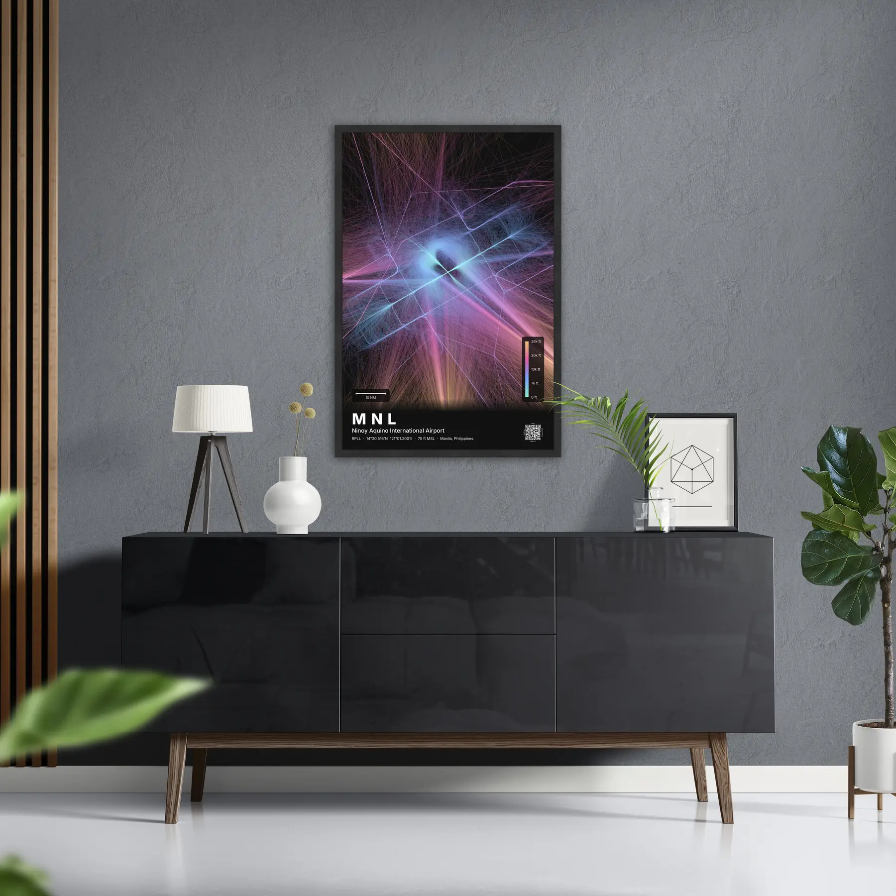 MNL flight path map — Aurora theme · Dark in foyer setting