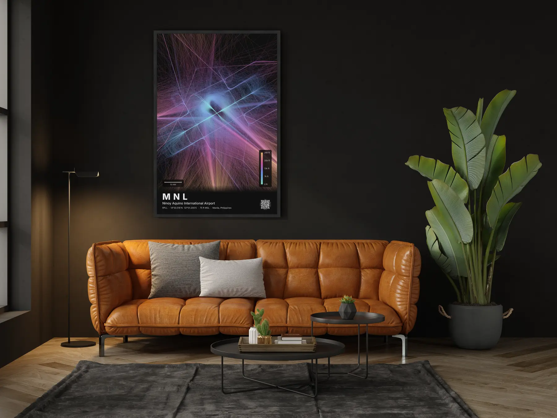 MNL flight path map — Aurora theme · Dark in living-room setting