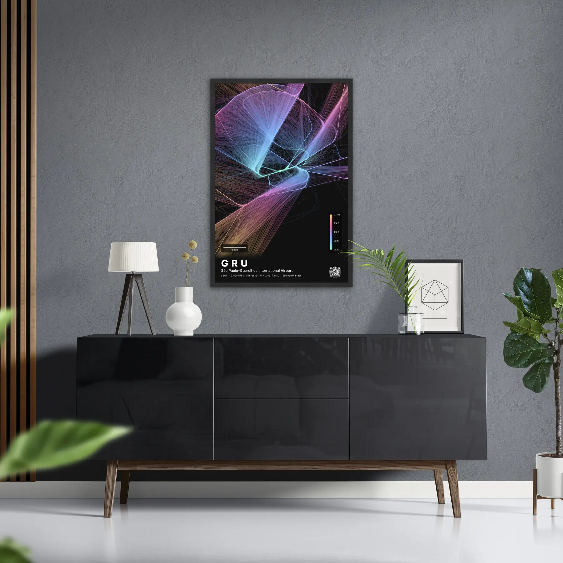 GRU flight path map — Aurora theme · Dark in foyer setting
