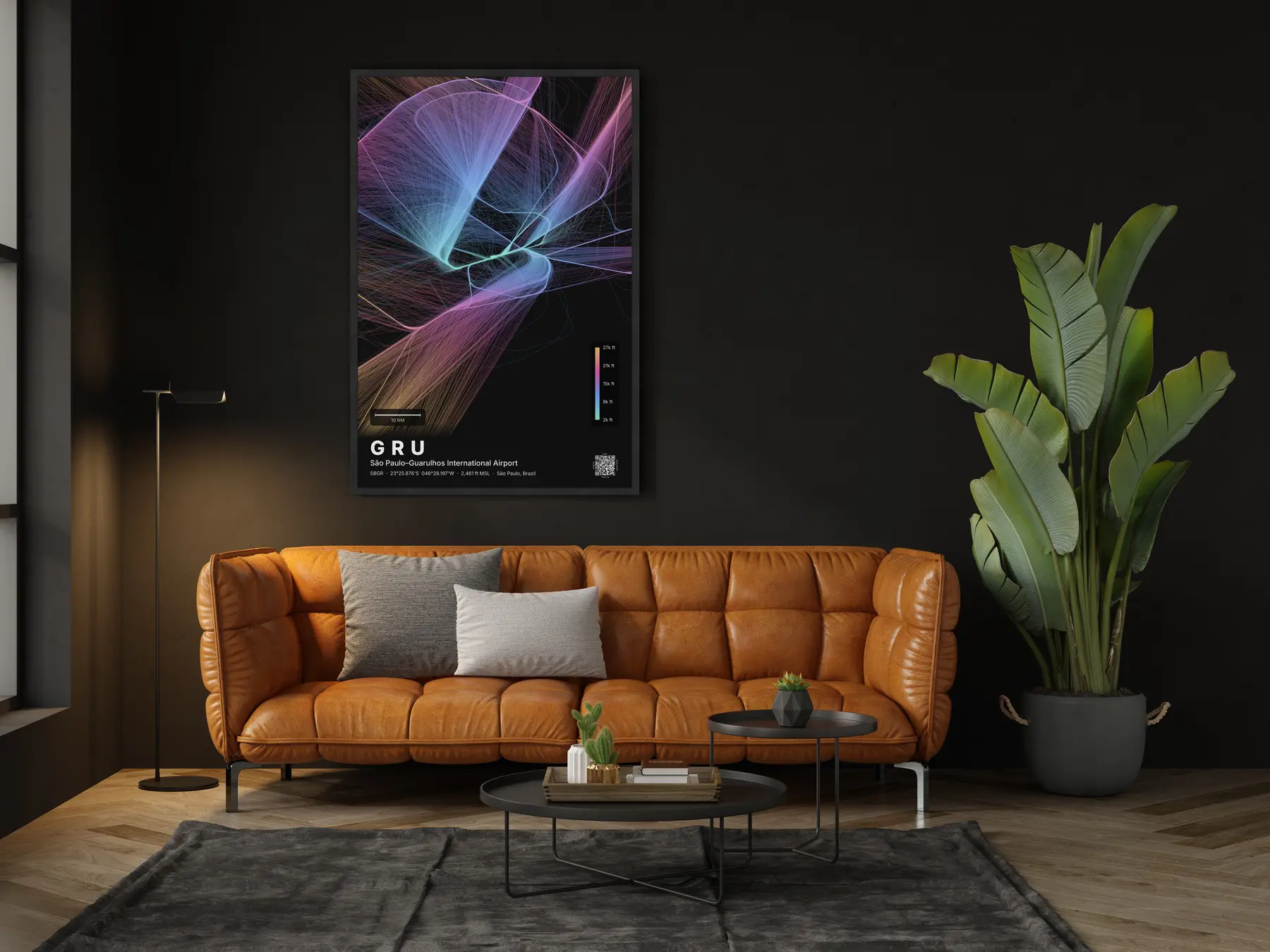 GRU flight path map — Aurora theme · Dark in living-room setting