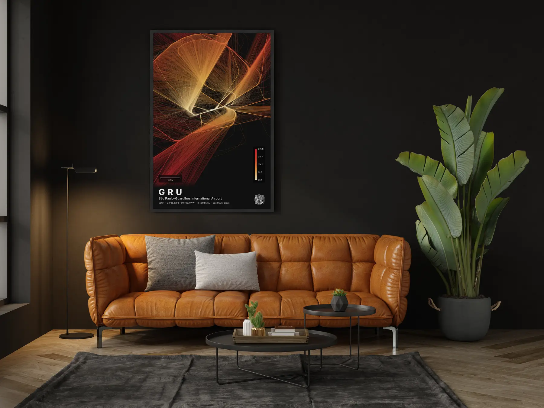 The GRU flight path map on a wall in a living room