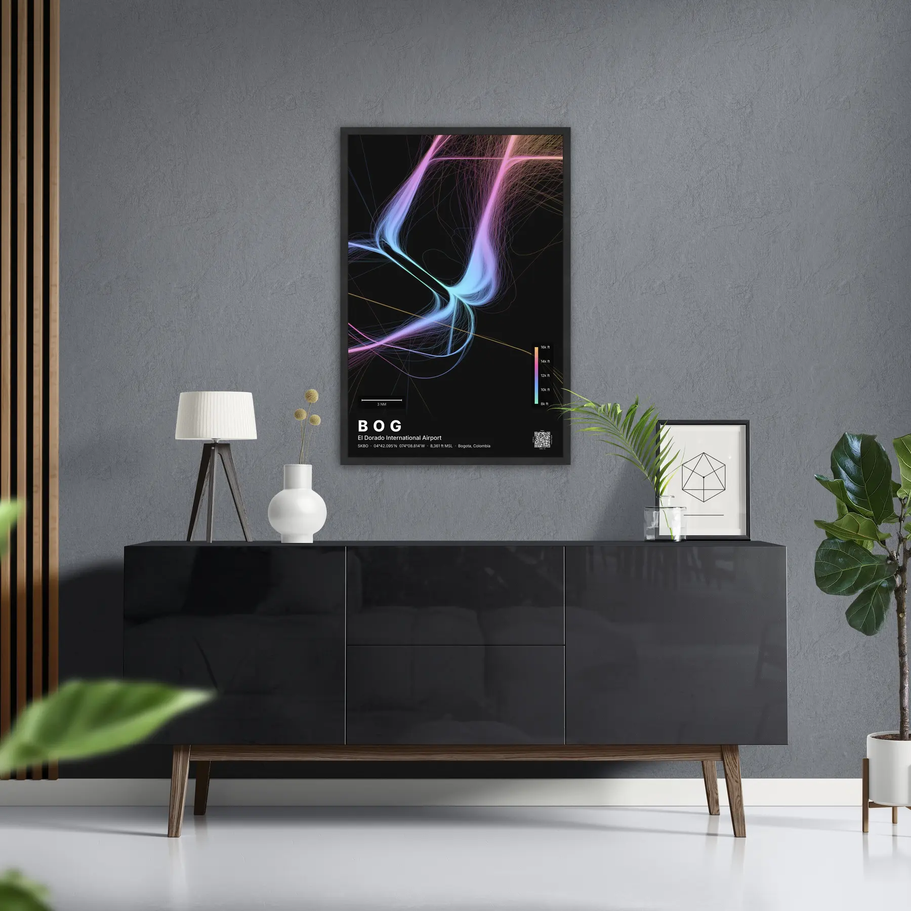 BOG flight path map — Aurora theme · Dark in foyer setting
