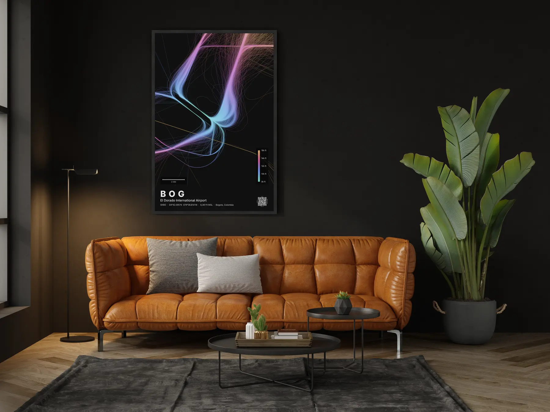 BOG flight path map — Aurora theme · Dark in living-room setting