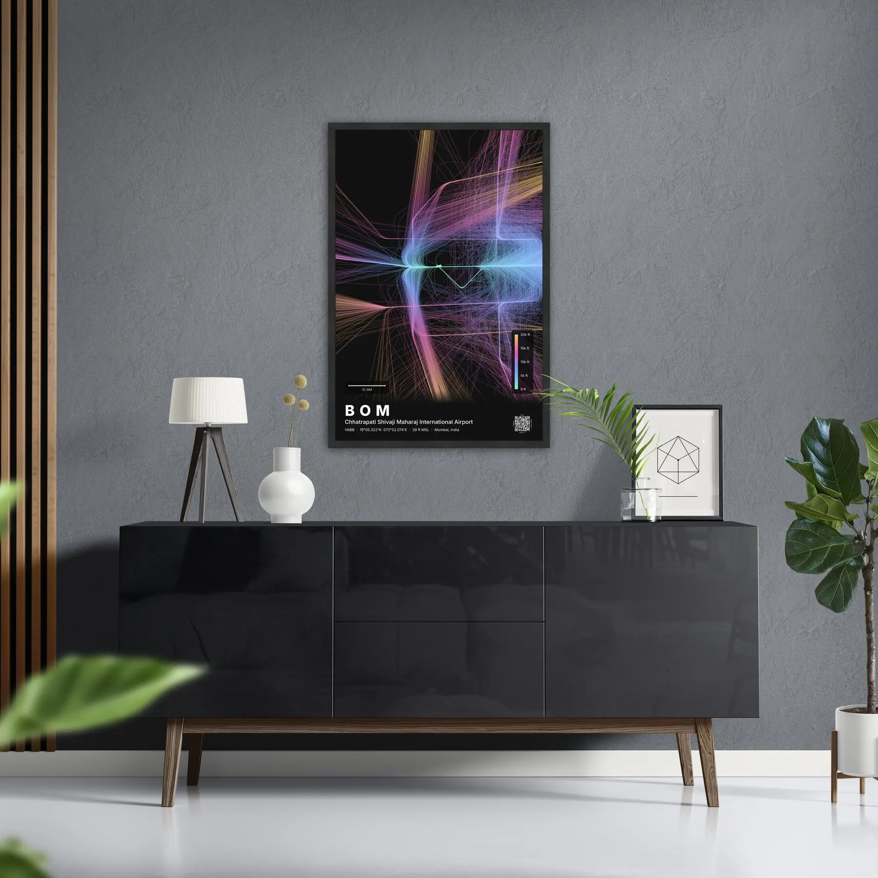 BOM flight path map — Aurora theme · Dark in foyer setting