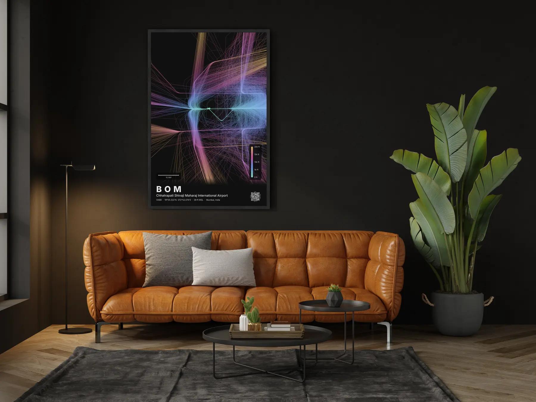 BOM flight path map — Aurora theme · Dark in living-room setting