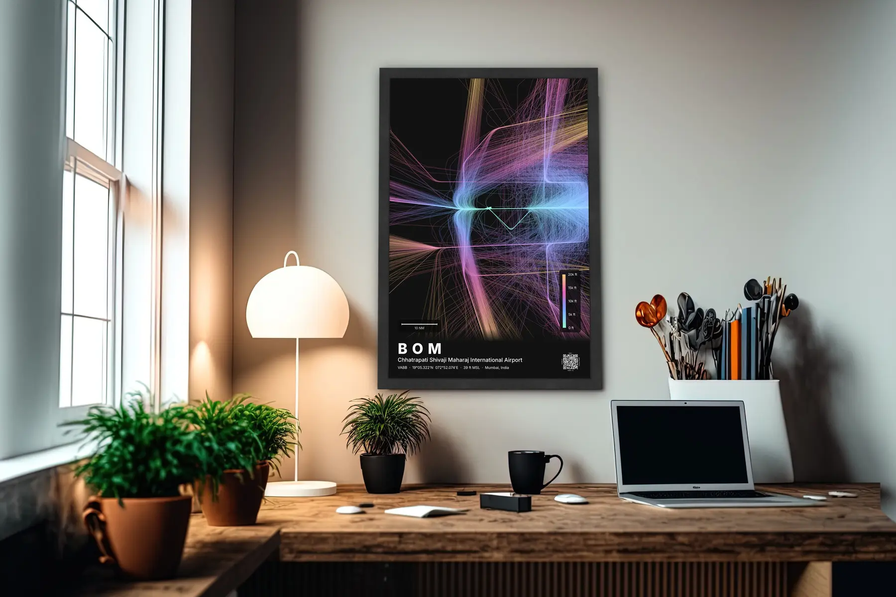 BOM flight path map — Aurora theme · Dark in office setting