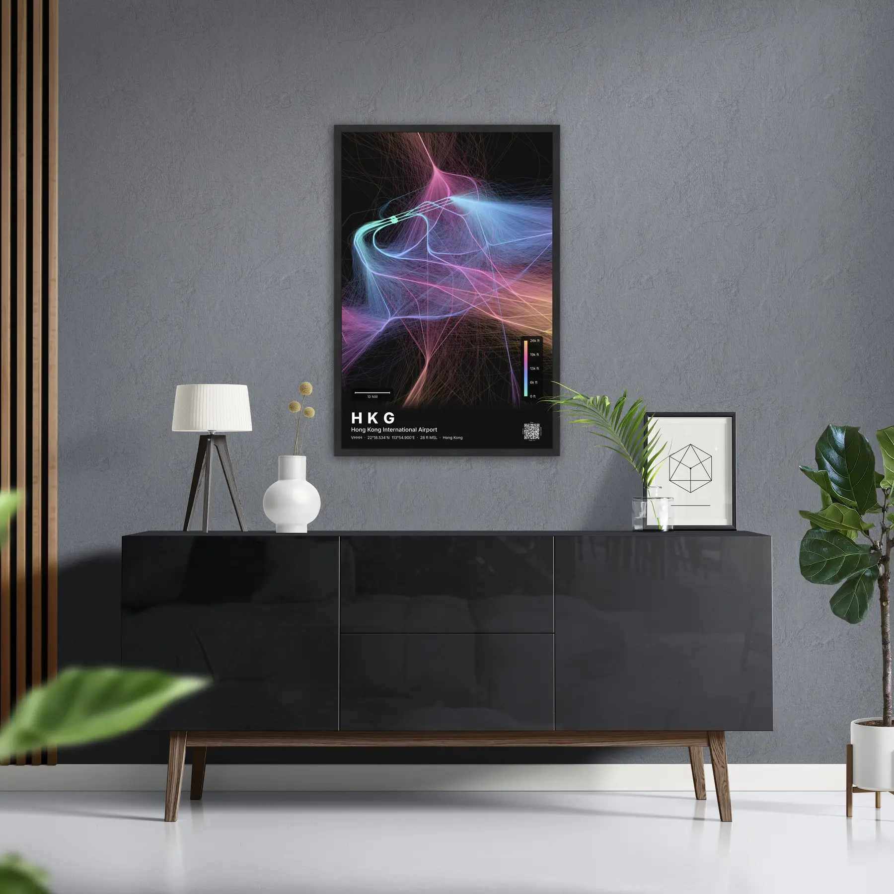 HKG flight path map — Aurora theme · Dark in foyer setting