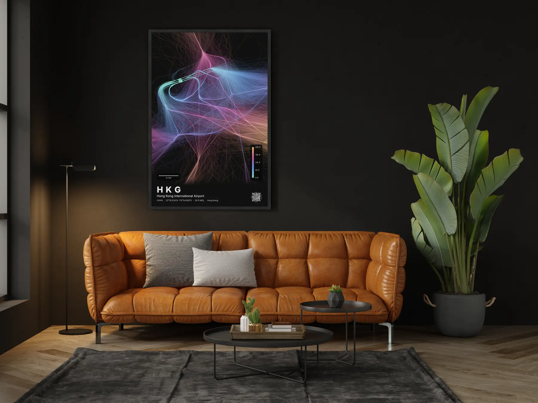 HKG flight path map — Aurora theme · Dark in living-room setting