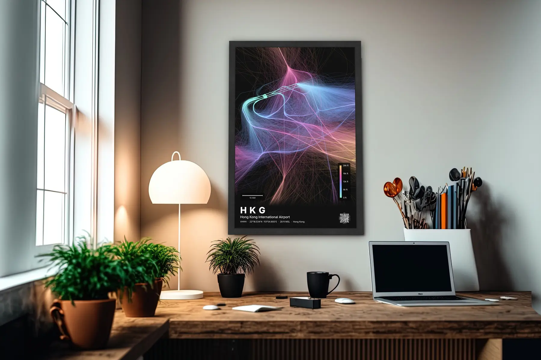 HKG flight path map — Aurora theme · Dark in office setting