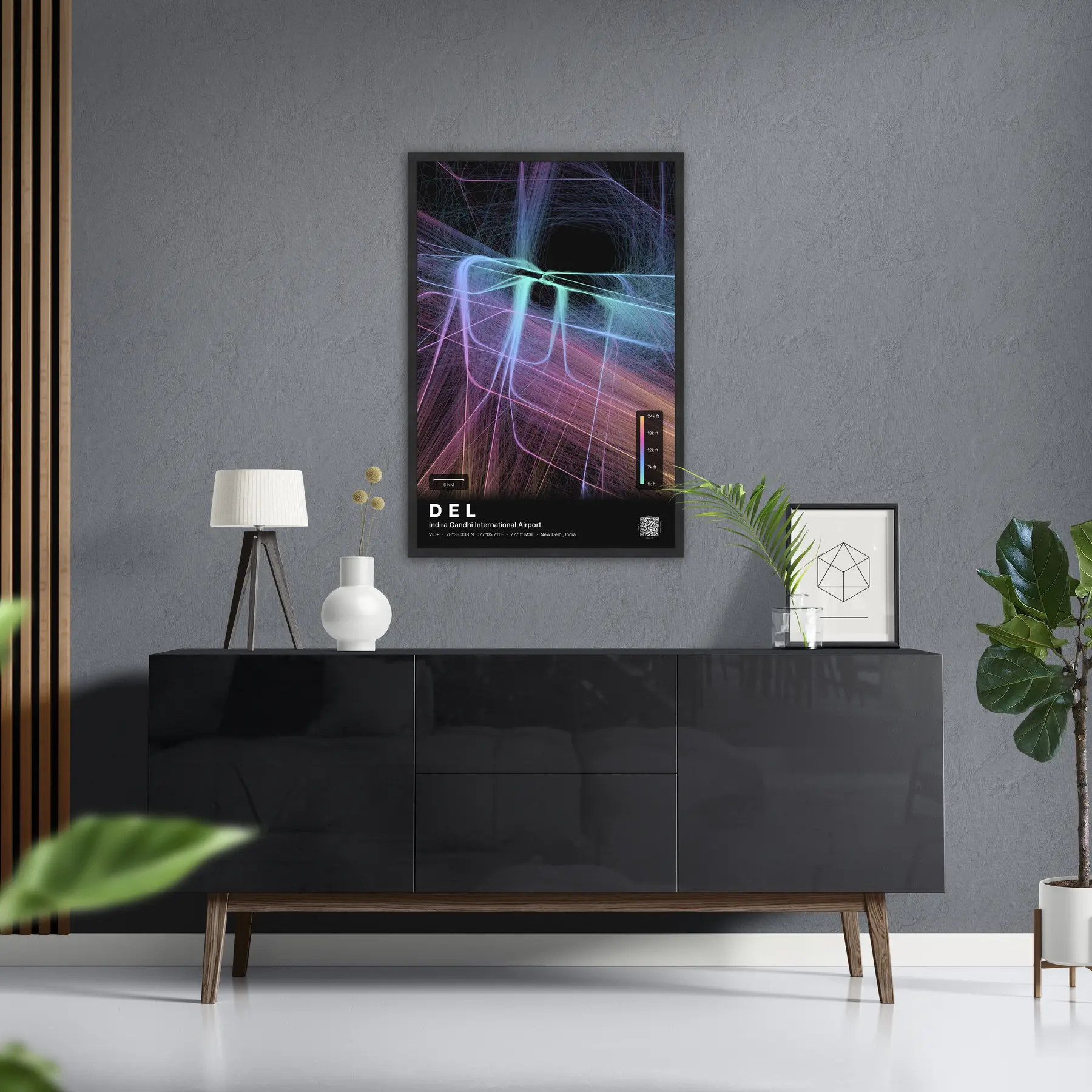 DEL flight path map — Aurora theme · Dark in foyer setting