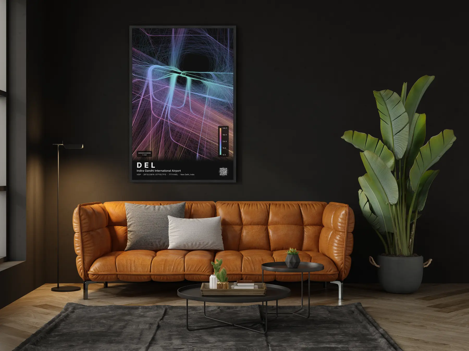 DEL flight path map — Aurora theme · Dark in living-room setting